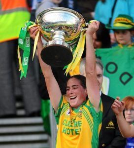 Nora Stapleton lifts the Mary Quinn Memorial Cup after Donegal won the All-Ireland Intermediate final in 2010.
